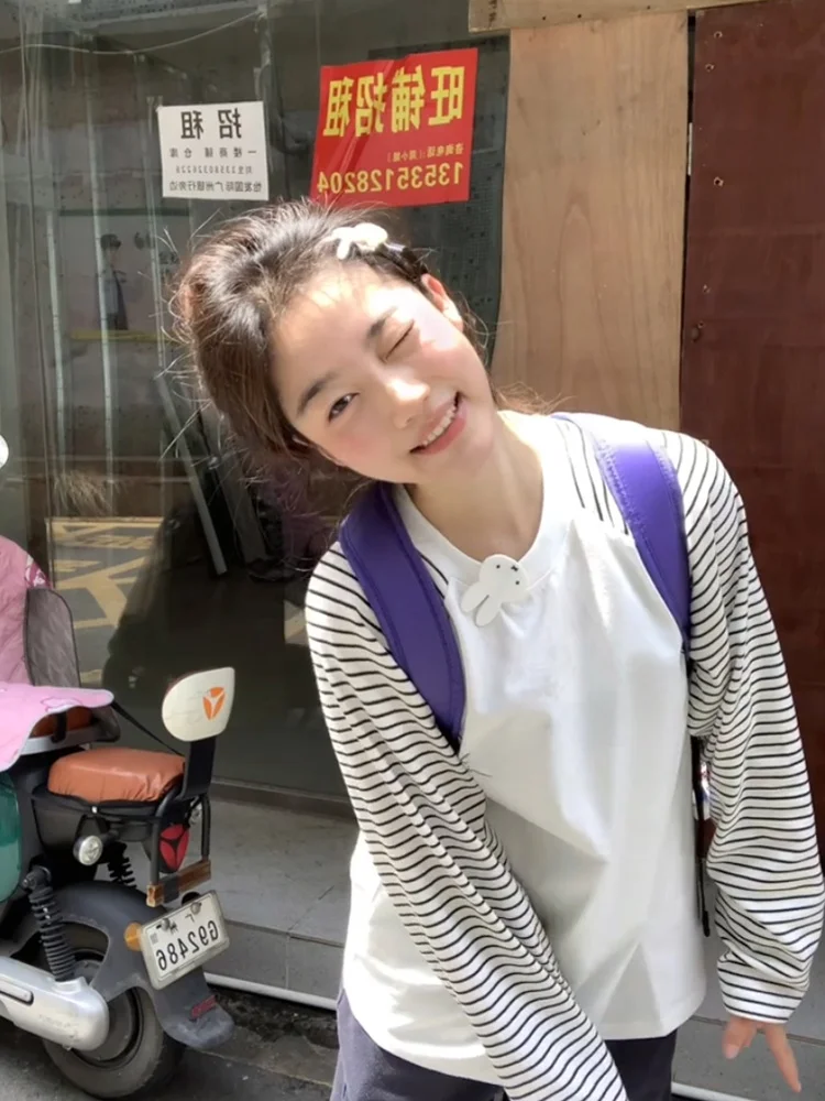 T-shirt lunga casual a righe Sve da donna vestibilità ampia dimagrante pigro versatile top in puro cotone confortevole traspirante autunno ne...