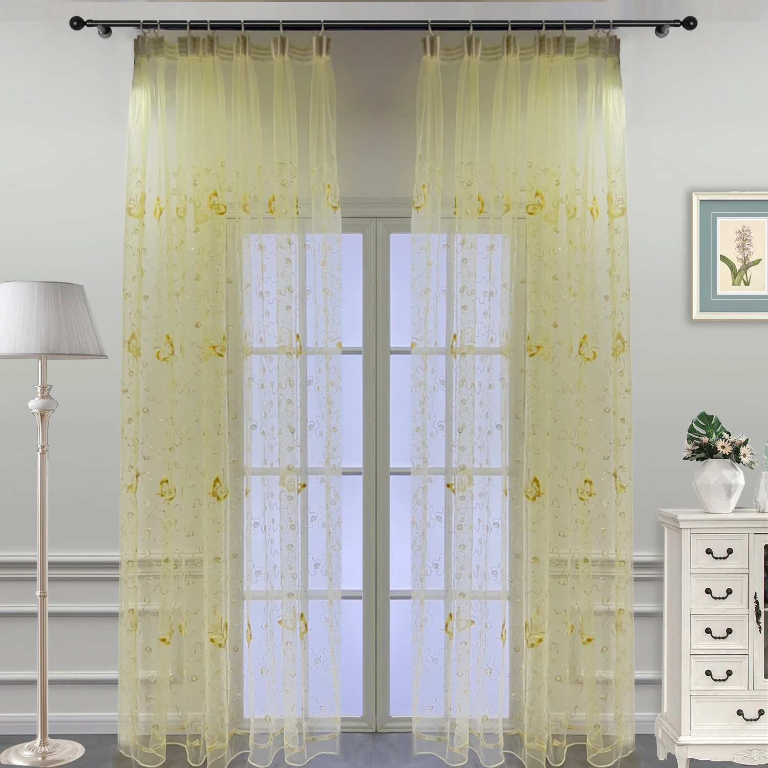 Romantic Modern Embroidered Sequins Butterfly Rustic Sheer Purple Voile Curtains for Living Room Bedroom Kitchen   344&C