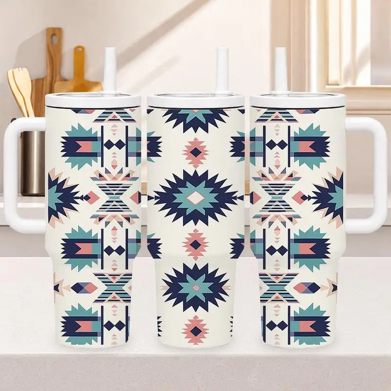 1pc 40oz 304 Stainless Steel Hand-held Cup Geometric Aztec Tribal Pattern Print Insulated Tumbler with Handle And Straw for Home Office Travel Outdoor Suitable Gifts for Halloween Christmas And Other Special Festivals