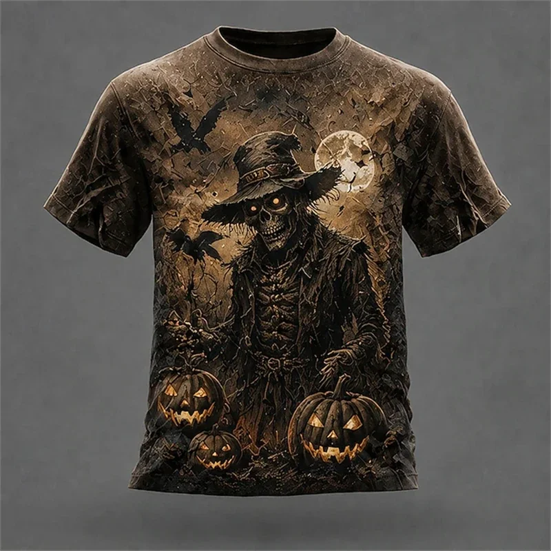 2026 Fashion New Men's Halloween 3D Full Print T‑Shirt Grim Reaper Skeleton Graphic Short Sleeve Horror Tee Party Tops