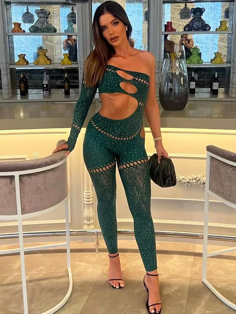 Sexy Single Rotator Cuff Hollow Out High Elastic Jumpsuit Luminous Rhinestones Solid Color Trousers Spicy Girl Streetwear