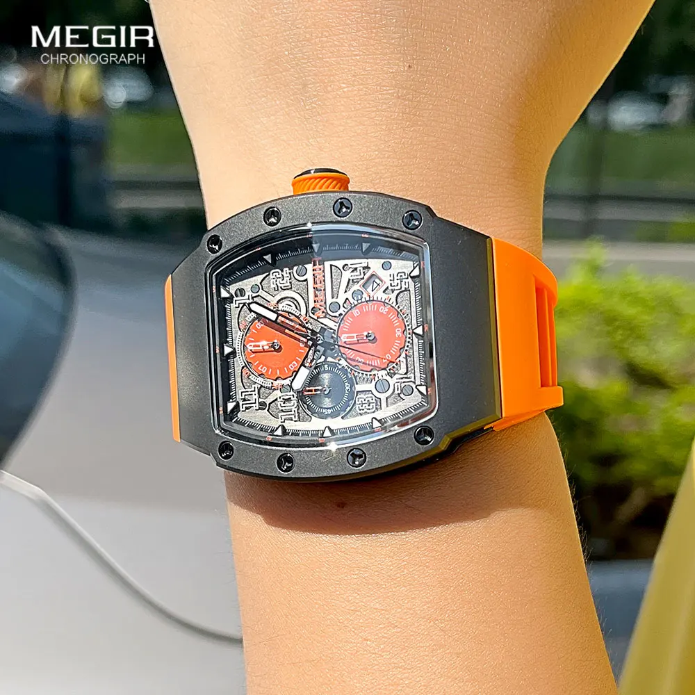 MEGIR Sport Quartz Watch Men Luxury Stainless Steel Waterproof Chronograph Wristwatch with Luminous Hands Date Silicone Strap