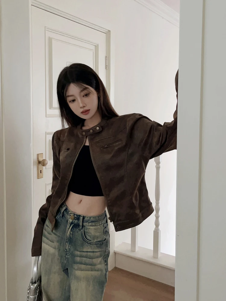 Automne 2025 nouveau Sle Hot Girl Slim Fit américain rétro marron peau de cerf velours cuir Jaet femmes ort moto Jaet