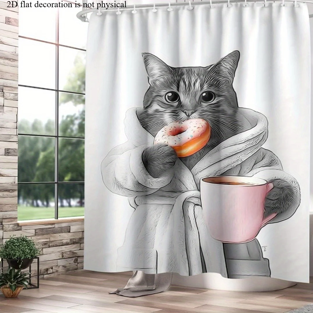 Funny Cat Bathrobe Donut Shower Curtain, Cute Animal Holding Coffee Mug Print Waterproof Bathroom Decor, Humorous Pet Home Bath