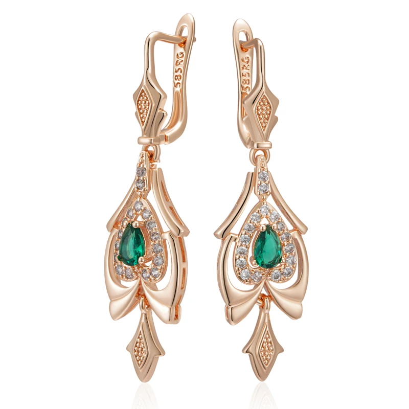 Kinel Hot 585 Rose Gold Color Fine Drop Earrings for Women Crystal Flower Green Natural Zircon Accessories Daily Vintage Jewelry