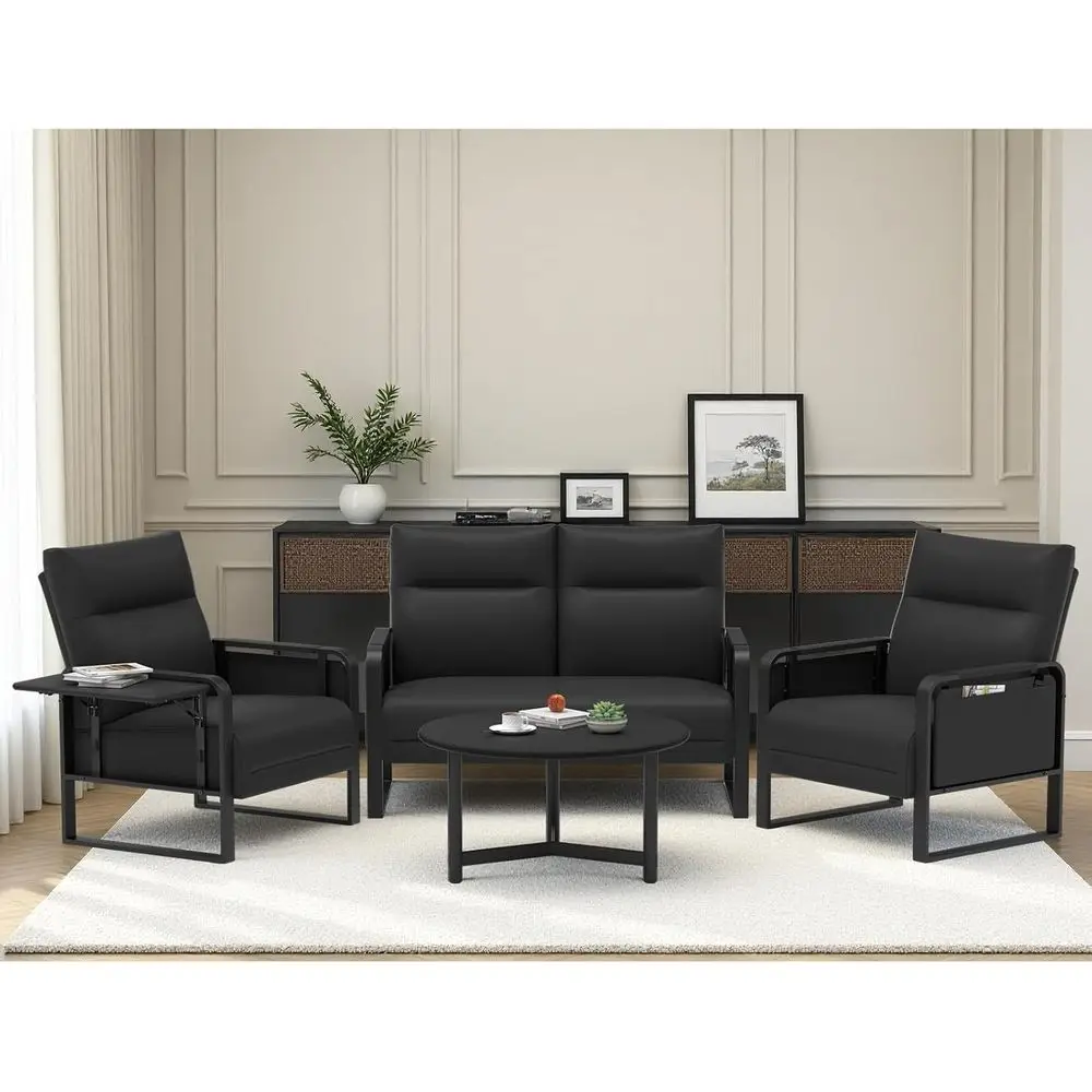 

Набор диванов для гостиной, двухместный диван и акцентные стулья из искусственной кожи, состоящий из 2 шт., со складным подносом, столиком и карманом для хранения, мягким диваном