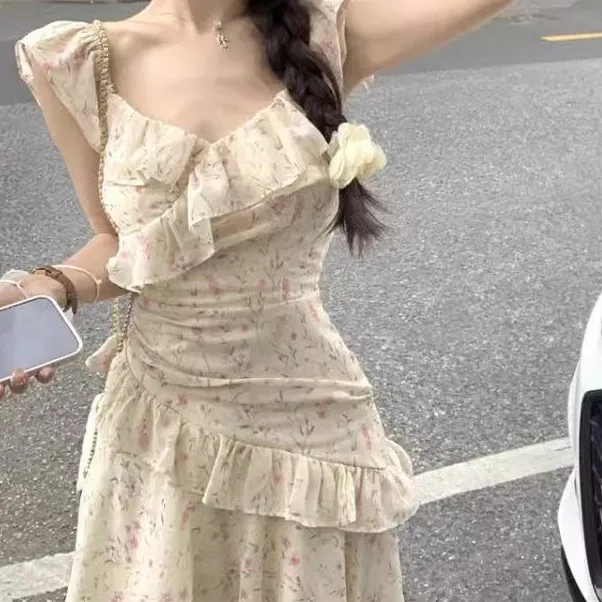 Ele Stampa floreale ter Dr Summer Fairy Gonna lunga Design Sweet Flng Sve Ultra Fairy Sle A-Line Midi Dr