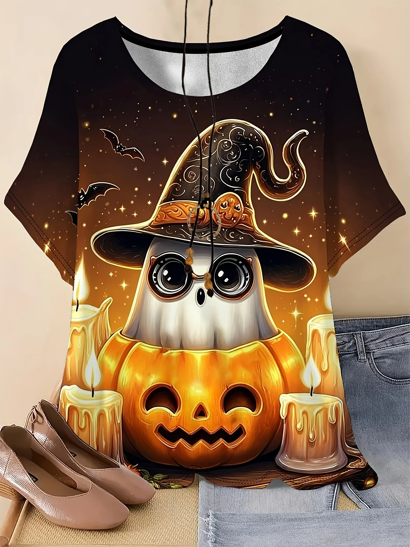 Halloween T-Shirt Women Round Neck Short Sleeve Tee Top Ghost Pumpkin Candle Print Casual Summer Daily Wear Women's Clothes