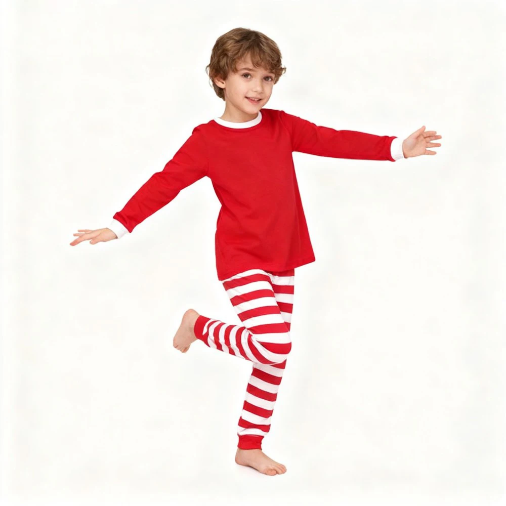 Boys Girls Christmas Pajama Sets Red Top with Striped Pants Long Sleeve Pijama Children Sleepwear kids Pjs for Xmas Festive view 4