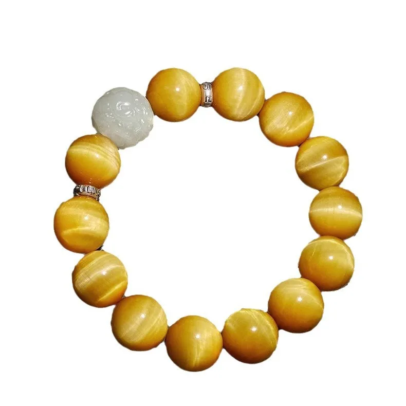 Yellow Tiger Eye Beaded Bracelet with Hetian Jade Pixiu Lightning Pattern Beads for Men and Women Gifts view 5