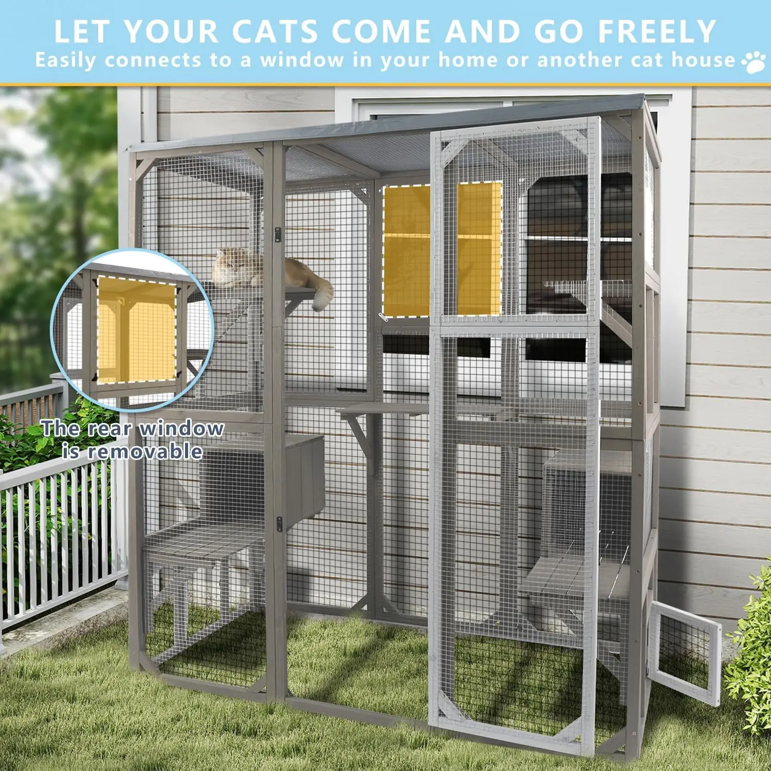 Large Walk-In Outdoor Cat Enclosure with Waterproof Roof & Multi-Level Platforms, Spacious Window Cat House Cage for Multiple Cats, 59"L x 29.5"W x 67.7"H view 3