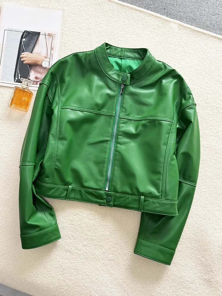 Giacca da donna in vera pelle con zip colletto alla coreana tinta unita vita alta cappotto corto da motociclista capispalla primaverile a maniche lunghe da strada