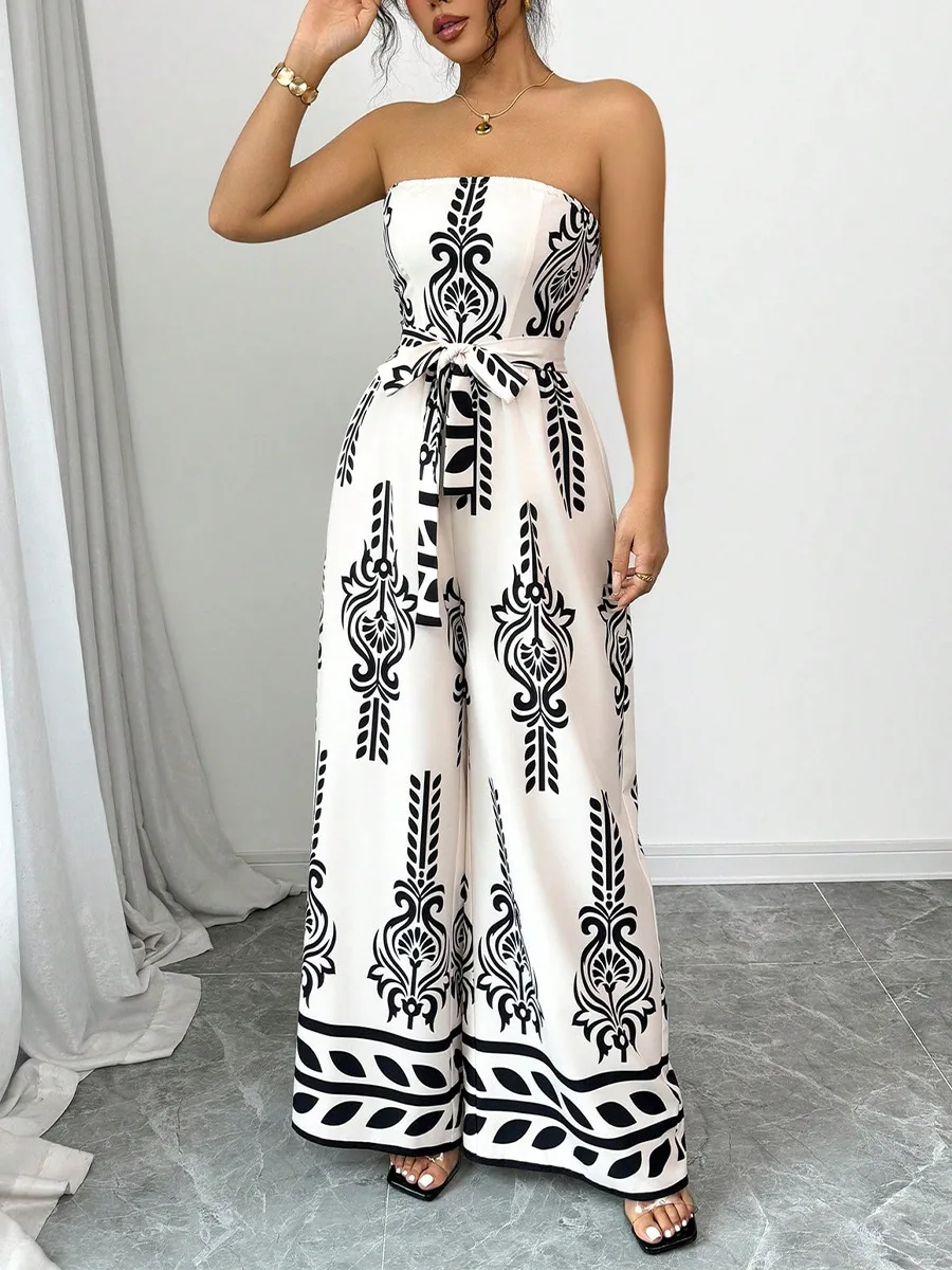 

Jumpsuit Woman Geometric Print Wide Leg Slim Fitting Lace Up Jumpsuit for Woman Elegant Slim Fit High Waist Wide Leg Jumpsuit