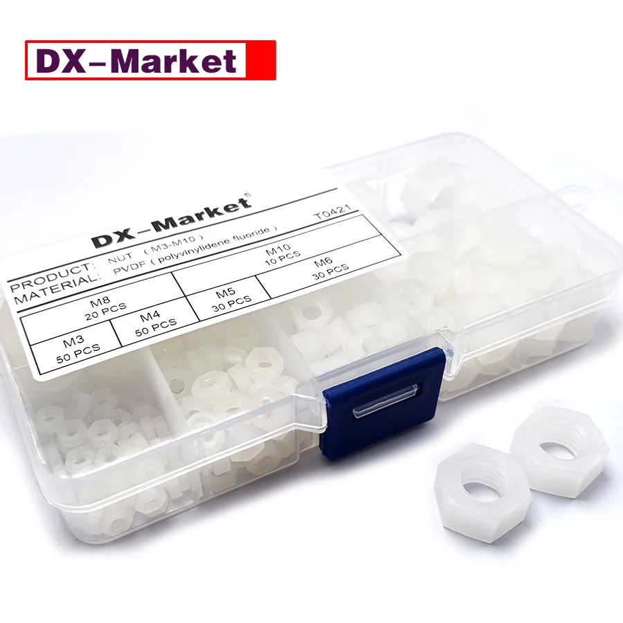 

M3-M10 PVDF Plastic Hex Nuts Kit,Polyvinylidene Fluoride Hexagon Nut ,F014