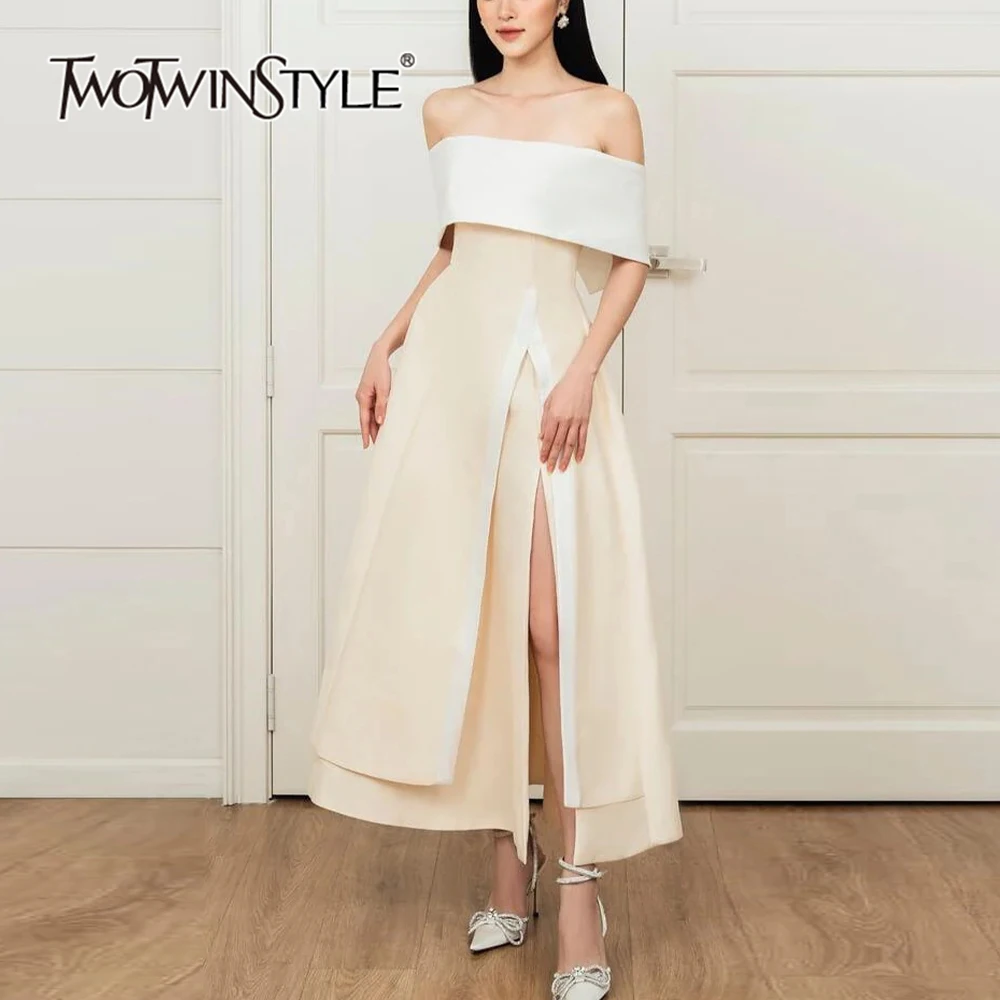 

TWOTWINSTYLE Colorblock Temperament Dress For Women Slash Neck Sleeveless High Waist Split Elegant Dresses Female New KDR507525