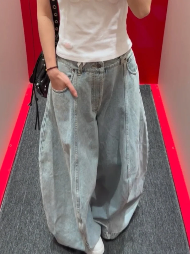 

Retro American Faded Knife Denim Pants Large Size Women's Loose Drapey Floor Length Wide Leg Trousers Summer Cotton