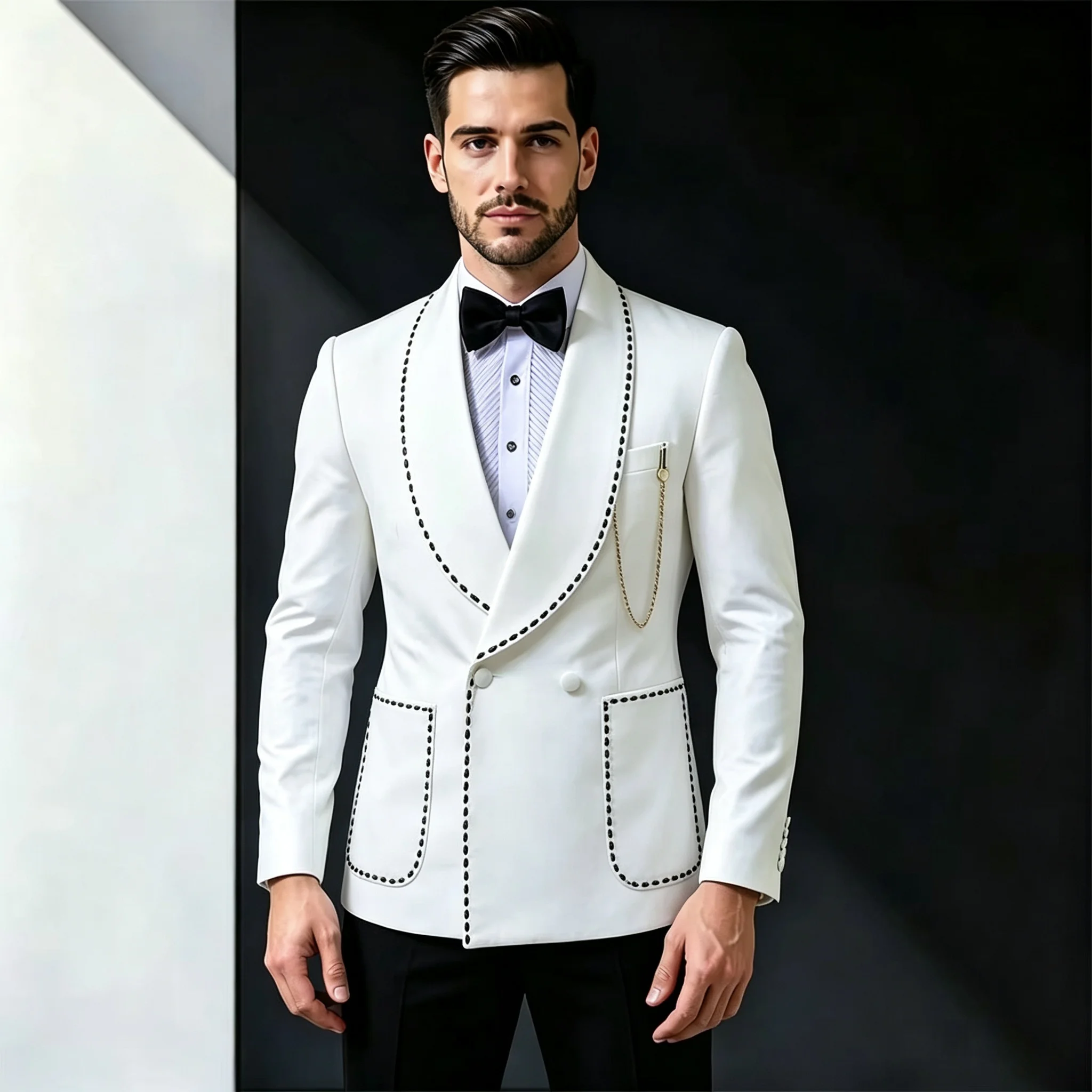 Luxury Men's Double Breasted Crystal Suits 2 Pieces Slim Fit Wedding Tuxedo for Groom Formal Prom White Blazer Black Pants Set