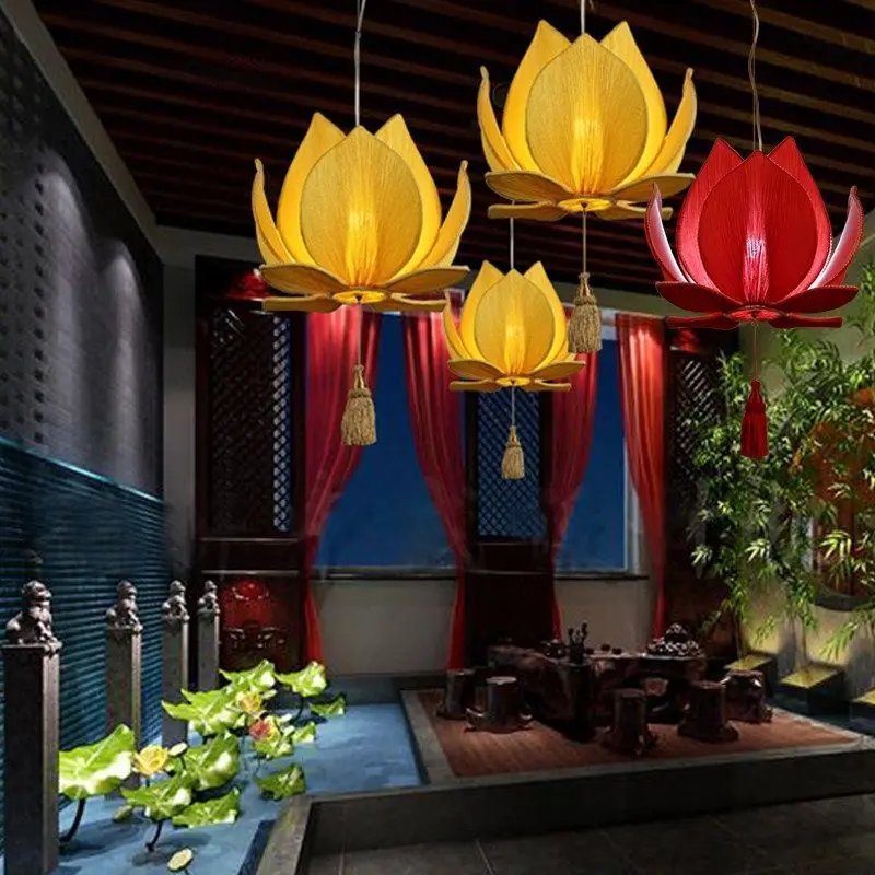 

New Chinoiserie Lotus Chandelier Lotus Creative Fabric Chinoiserie Antique Buddhist Hall Zen Tea House Restaurant Lantern