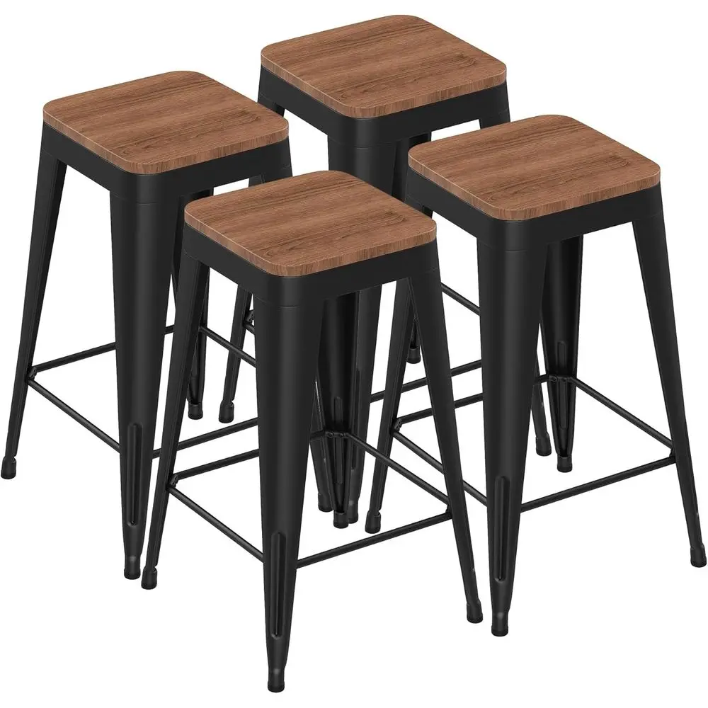 

Set of 4 White Metal Industrial Modern Bar Stools with Wood Tops for Kitchen Island, Counter Height Cafe, and Restaurant Use (Bl