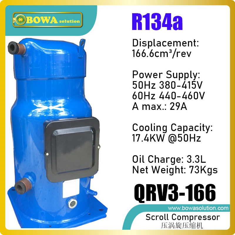 17KW hermetic scroll R134 coolant compressor is used in water source or geothermal heat pump ultra high temperaturewater heaters