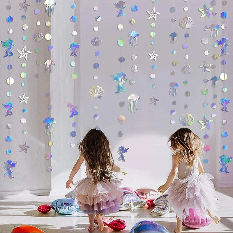 1pcs Mermaid Colorful Laser Garland Hanging Starfish Jellyfish Paper Banners Under The Sea Mermaid Birthday Party Decorations