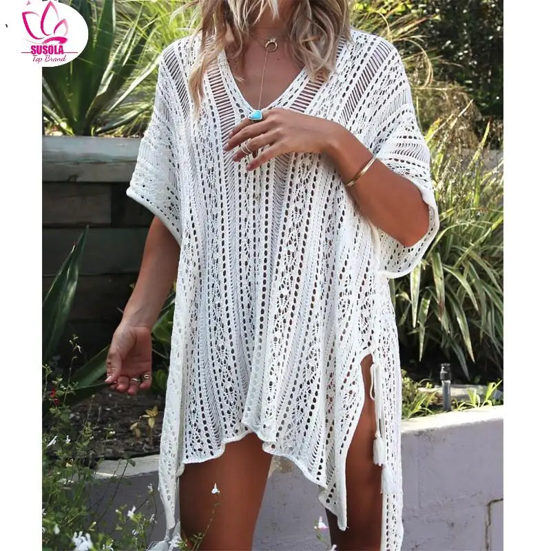 Lady New Arrivals Sexy Beach Cover up White Crochet Robe de Plage Pareos for Women Swim Wear Saida de Praia Beachwear Coverups