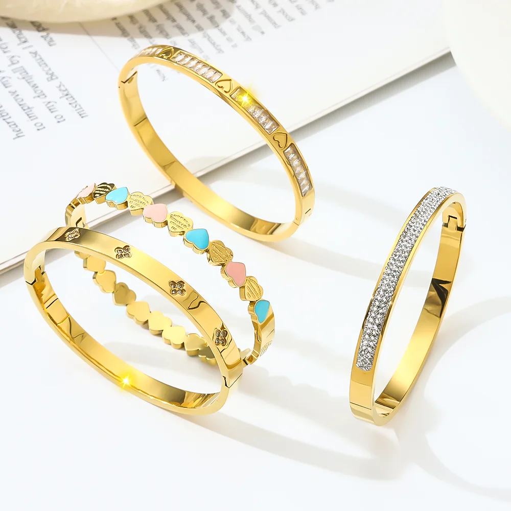 4Pcs/Set Stainless Steel Bracelet Bangle Set, Fashionable Zircon Series Paired With Heart-shaped Women's Wrist Jewelry Gift