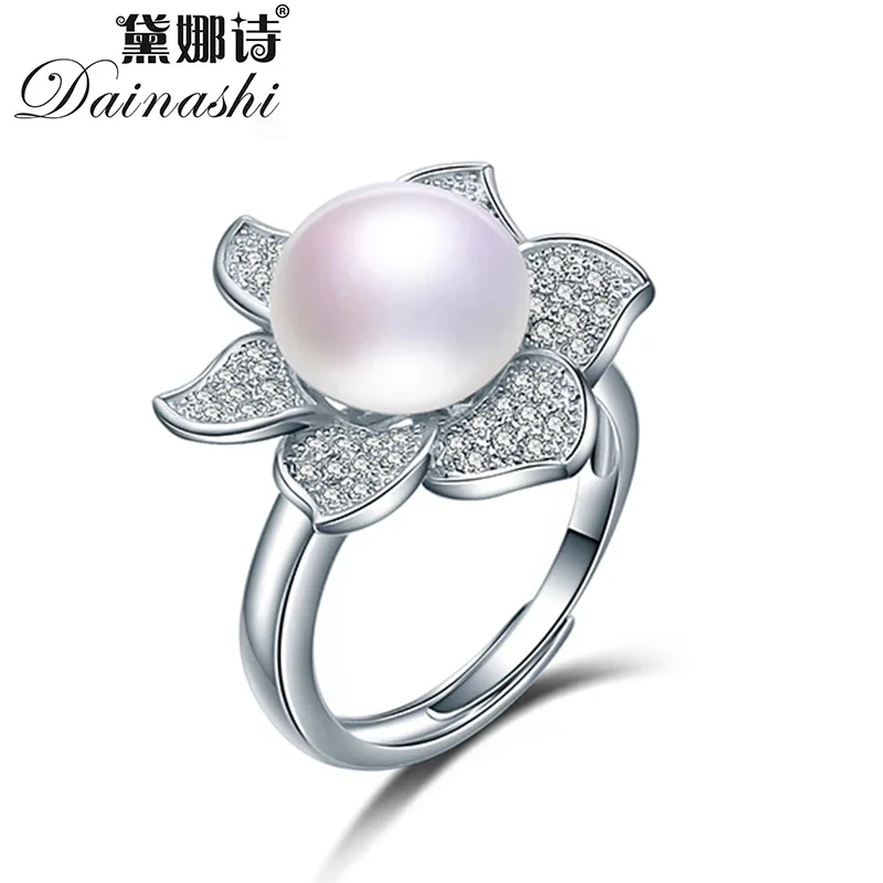 

Dainashi Gorgeous 925 Sterling Silver Flower Zircon Crystal Adjustable Ring Luxury 100% Genuine Freshwater Cultured Pearl Ring