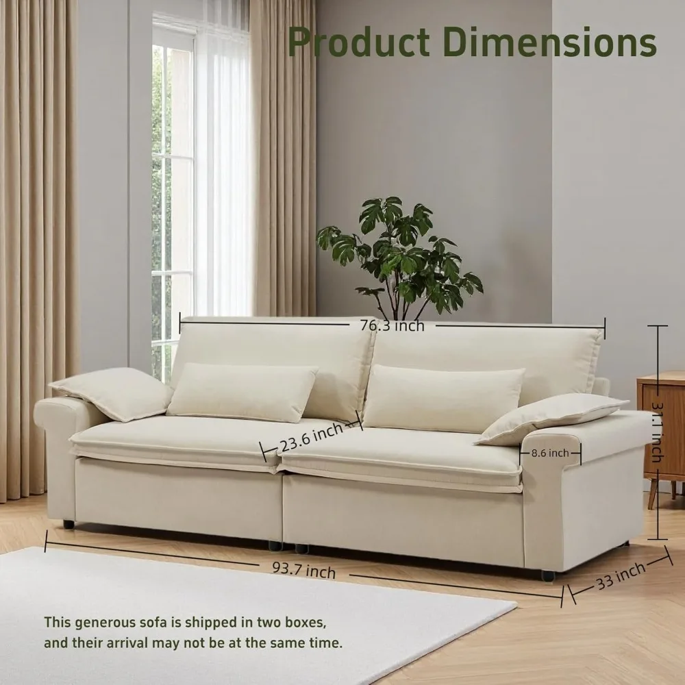 Sofá de 94 polegadas, sofá grande com braços largos, sofá moderno de 3 lugares com almofadas, tecido de chenille, almofada de assento profunda