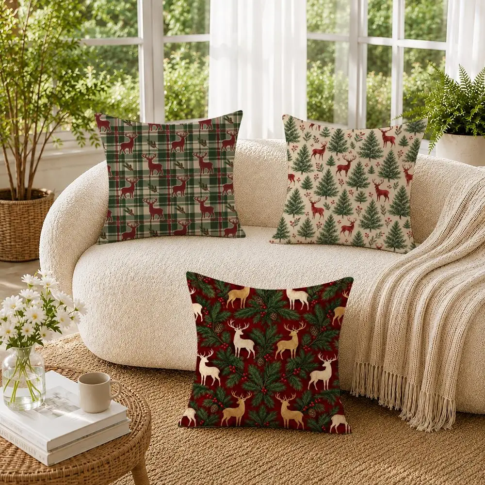 Plaid & Check Christmas Cushion Cover Soft Short Plush Pillow Cases Hidden Zipper Cutecore Sofa Bedroom Home Decor Gift