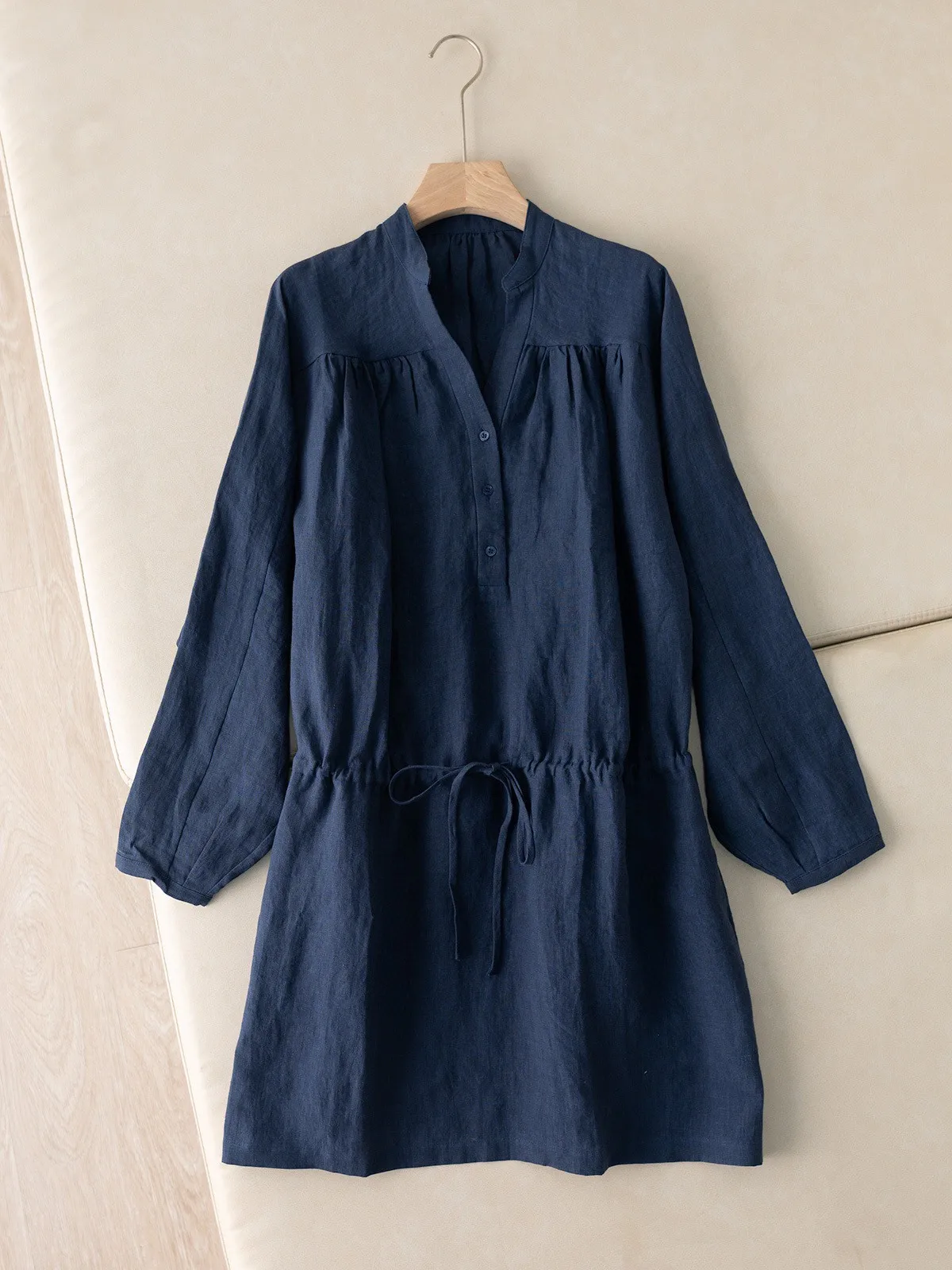 Summer luxurious loose solid color linen long sleeve dress