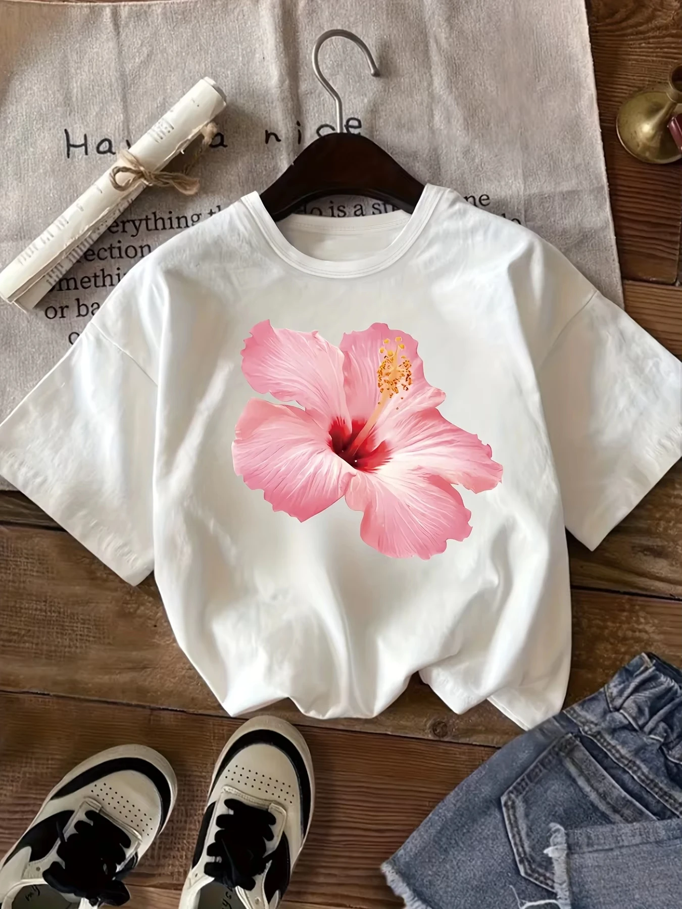 Pink Hibiscus Flower T Shirt Unisex Men Women Cotton Graphic Printed Short Sleeve Round Neck Floral Tee Summer 2026 Hot Sale
