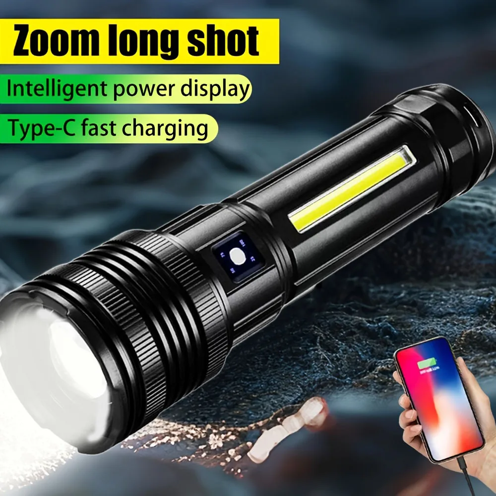 3*18650 بطارية الأضواء طويلة المدى مصباح ليد جيب مع جانب COB المدمج في نوع-C شحن فانوس الشعلة التكتيكية لصيد الأسماك