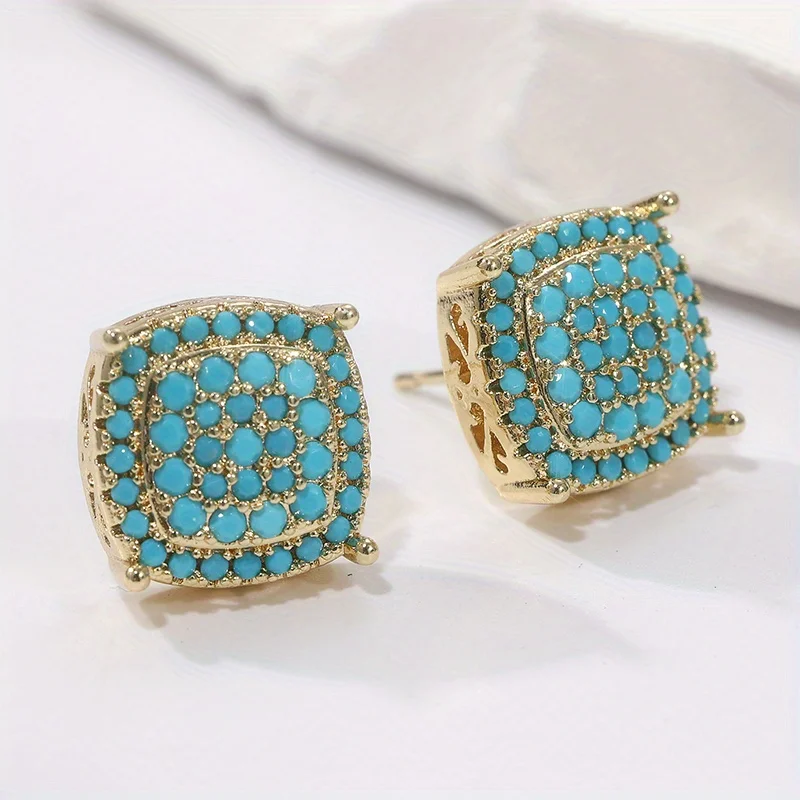 Vintage Mode Damen Ohrringe Geometrie Gold Farbe Metall Quadratisch eingelegt Nachahmung Türkis Ohrstecker Frau