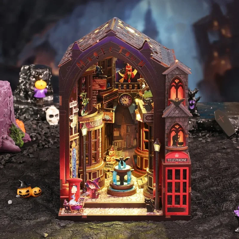 DIY Wooden Book Nook Figurines Miniatures Magic Alley Bookend with LED Light for Friends Birthday Gifts Home Decor Crafts