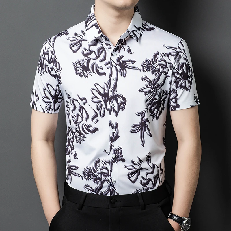 

High Elastic Icy Silky Shirts For Men Short Sleeve Print Fashion Summer Quality Skin-Friendly Breathable Lapel Camisas De Hombre