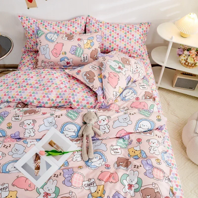 Cute Bear Bedding Set Girls Boys Kids Single Double Size Flat Sheet Duvet Cover Pillowcase Bed Linens White Blue Home Textile