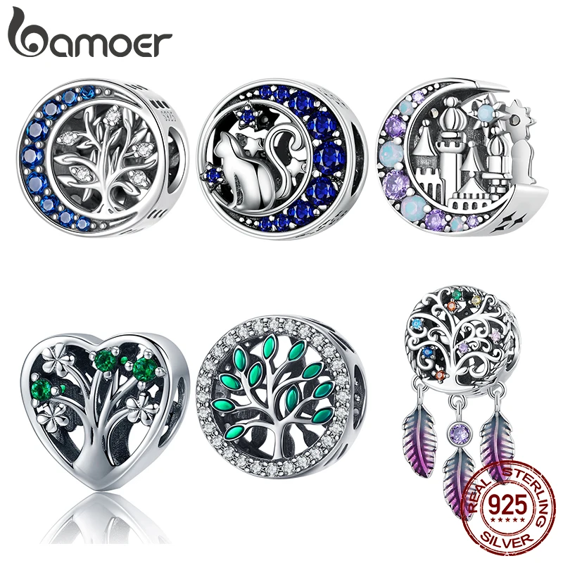 

Bamoer стерлингового серебра 925 пробы, синее Древо Жизни, очаровательный милый лунный кот, подвеска «Ловец снов», бусина для женщин, браслет, ювелирные изделия своими руками