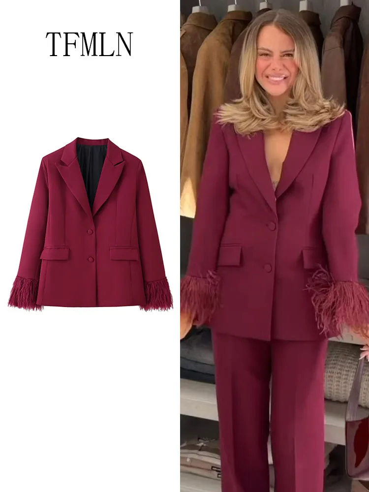 

Elegant Women Feathers Blazer Jackets 2025 Autumn Office Ladies Notched Single Breasted Party Coats Fashion Chic Causal Outwears