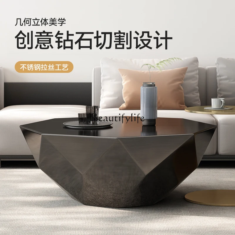Mesa de centro de alta gama con forma especial para sala de estar, hogar, luz de lujo, negro, moderno, simple, de acero inoxidable