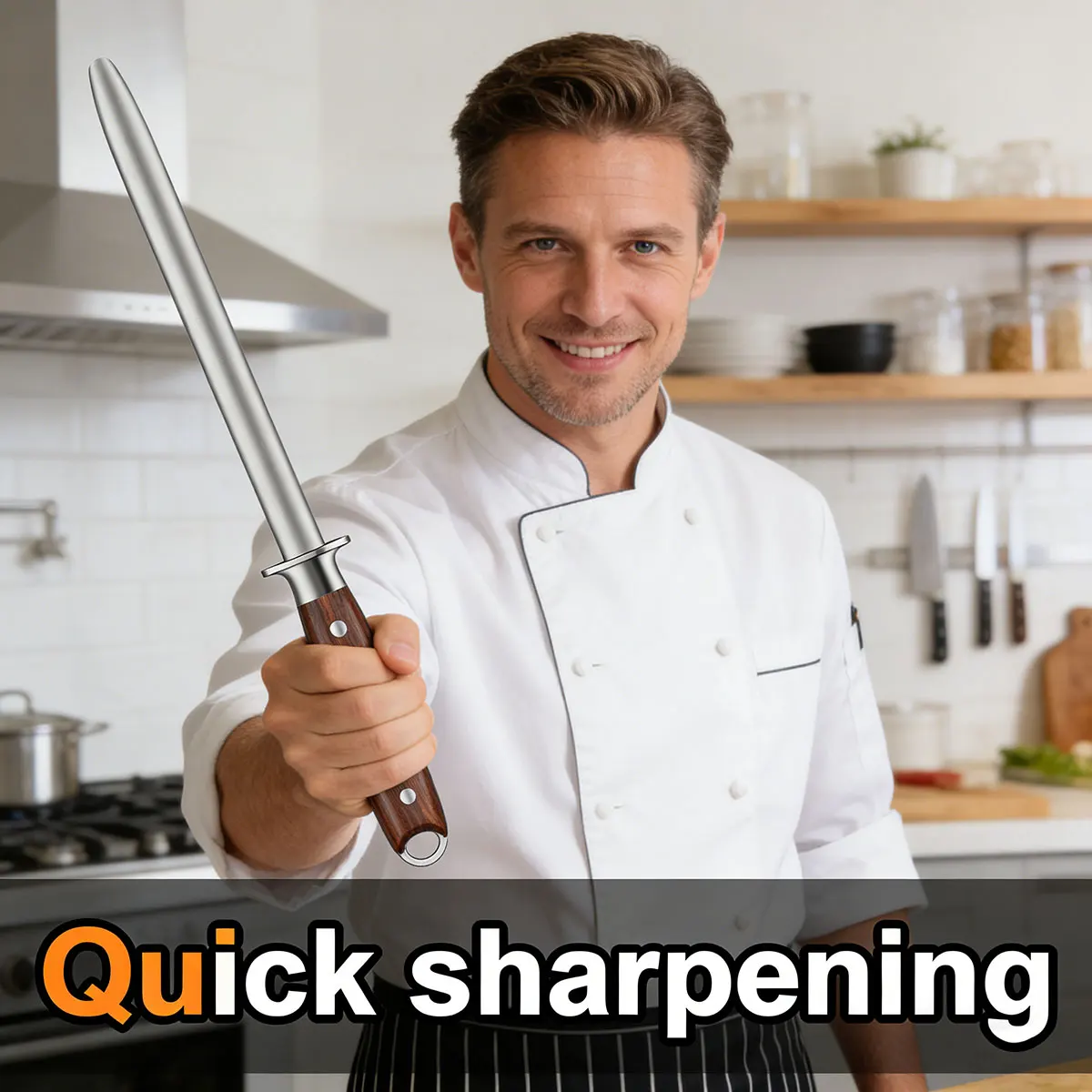 Wooden Handle Diamond Sharpening Rod Tungsten Steel Carbon Steel, Slaughterhouse Butcher Ceramic Household Knife Sharpener