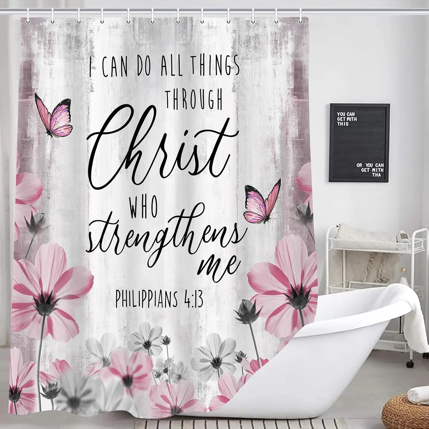 Inspirational Christian Scripture Shower Curtain Waterproof Bath Liner Floral Decor Polyester Fabric Bathroom Home Accent Gift