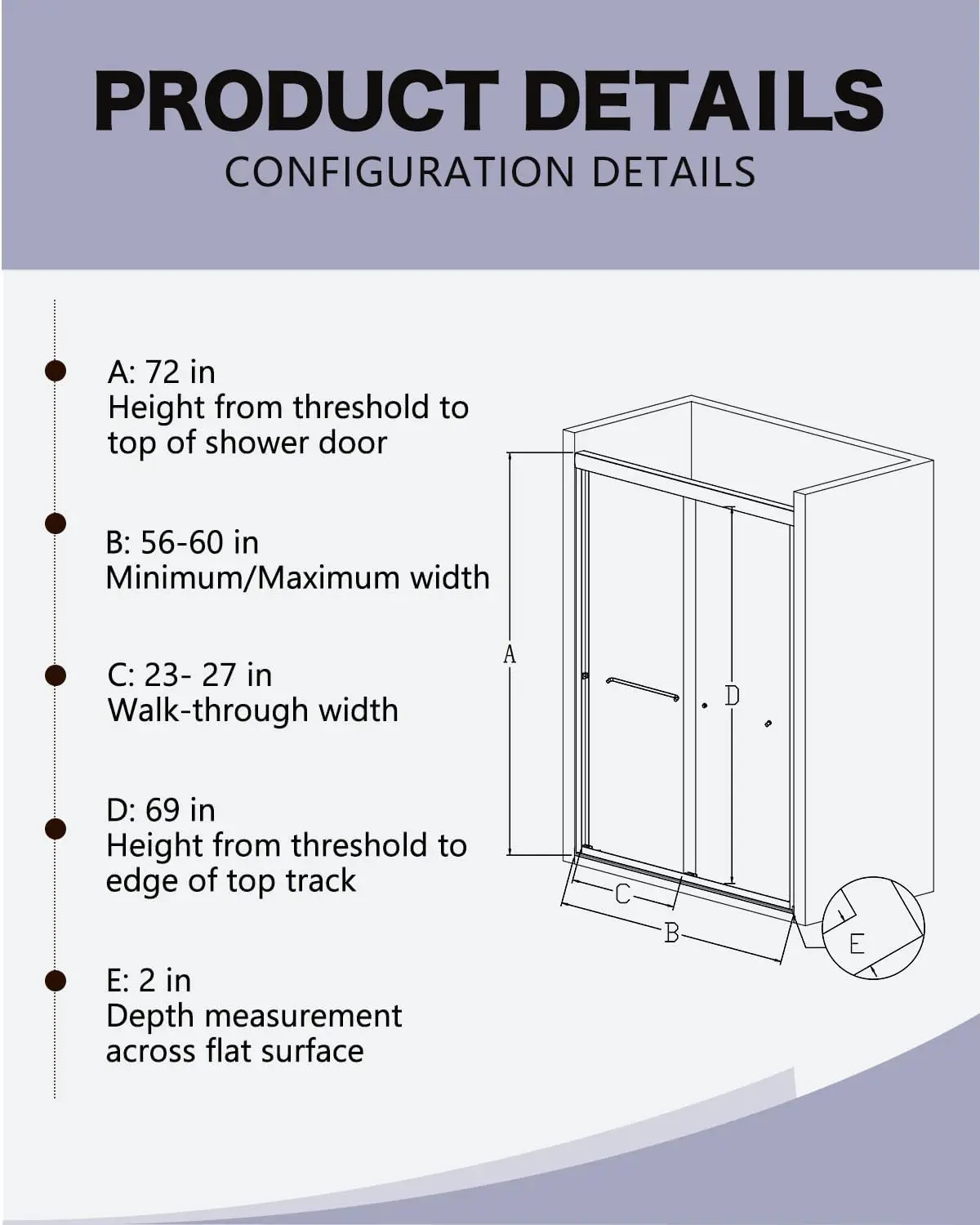 Porte de douche marketdouble sans cadre, design de contournement, 56 "-60" W x 72 "H, chrome