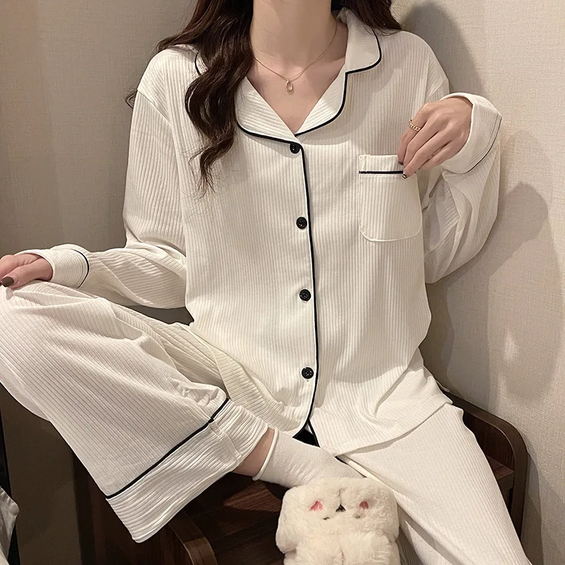 New Casual Sleepwear Pyjamas Women Black White Autumn Winter Home Clothes Long Sleeve Female Nightwear Pajamas Set M-3XL