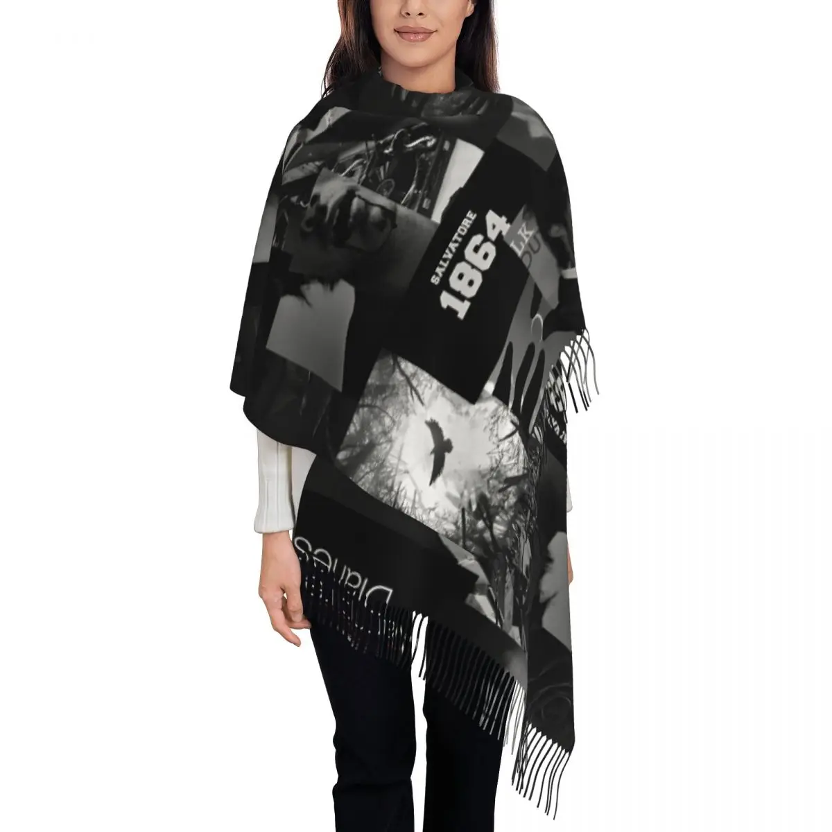 Women's Tassel Scarf The Vampire Diaries Damon Salvatore Large Winter Fall Shawl Wrap Horror Movie Gifts Pashmina Scarves