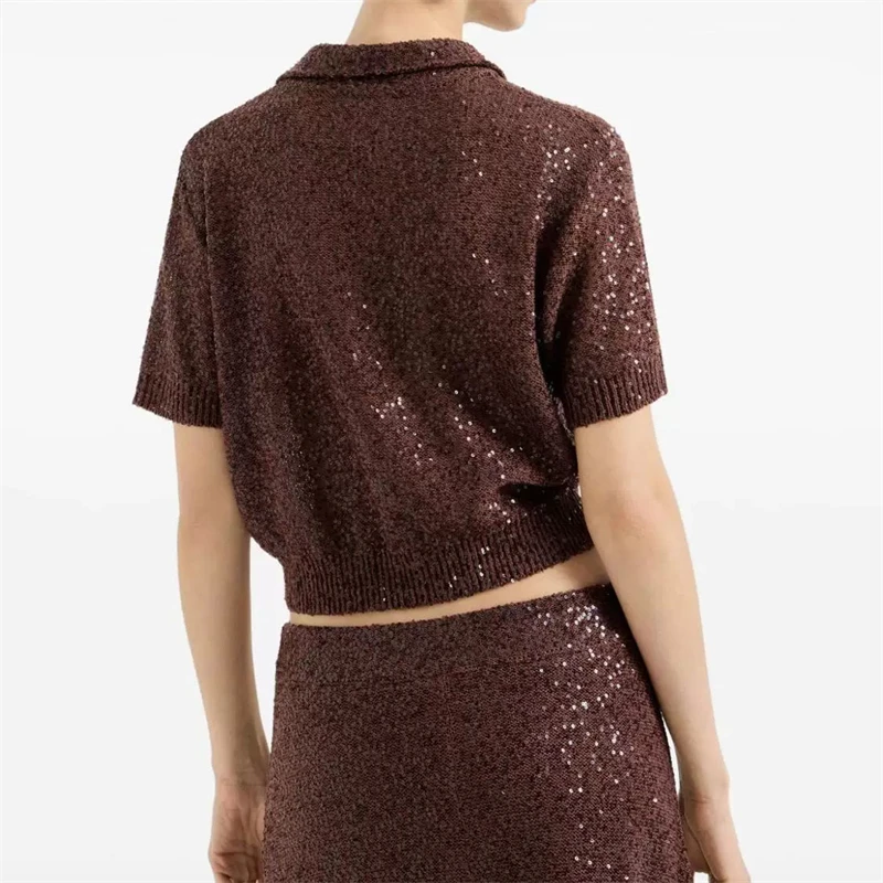 Summer 2026 High-Quality Women's Polo Shirt Sparkling Short Sleeve Y2K Fashion Casual Linen Blend Short Knitted Top