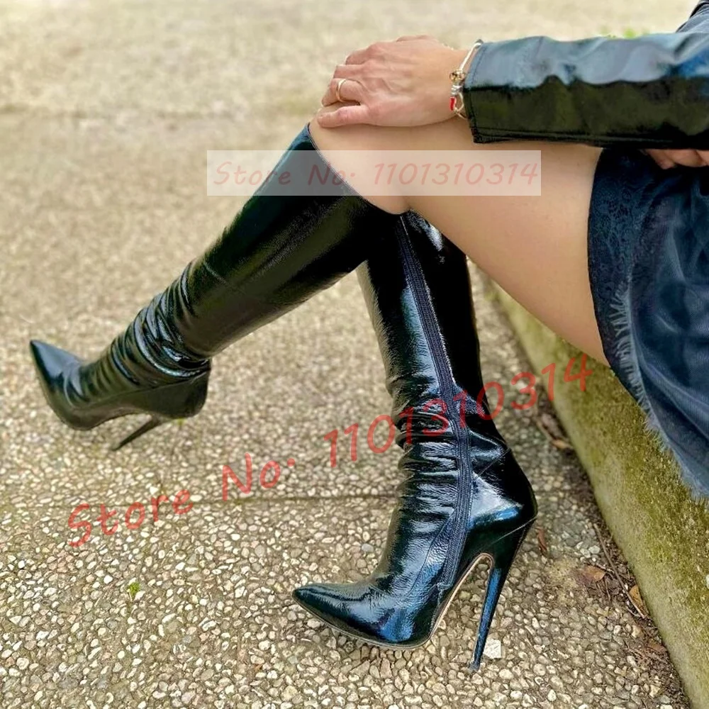 Black 16cm High Heels Patent Boots Sexy Women Pointy Toe Side-zip Stiletto Knee High Boots Solid Women Casual Party Winter Shoes