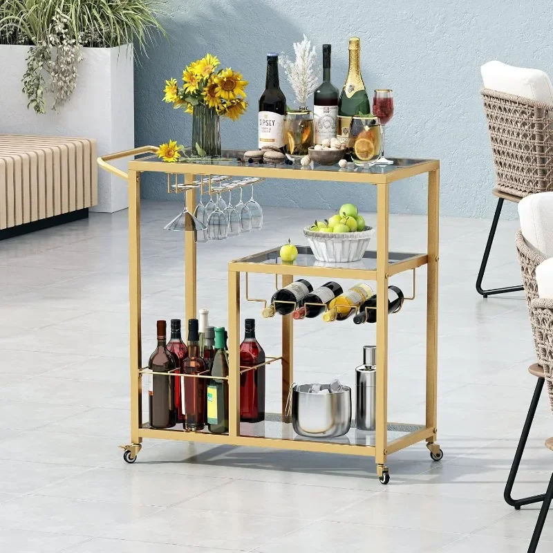 Rolling Bar Carts Gold with Wheels,Home Bar Serving Cart with Glass Wine Holders 3 Tier for Kitchen Home, Party,Dining Room