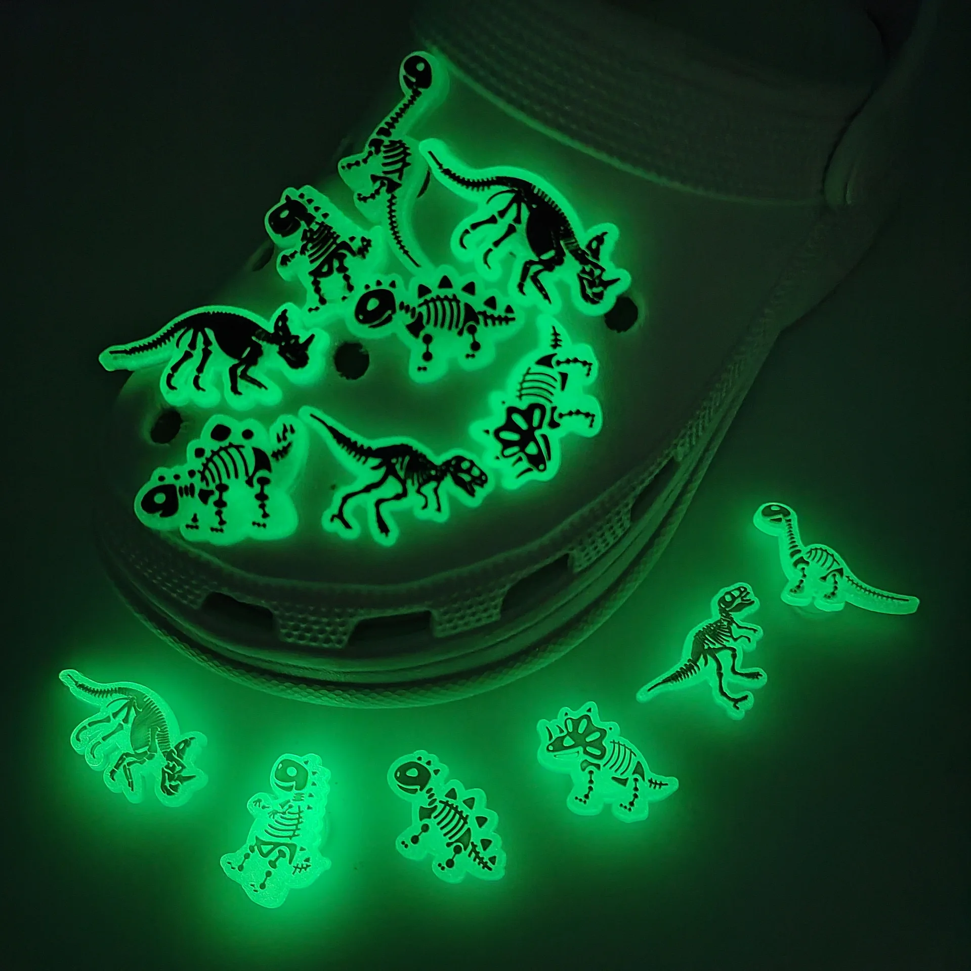 14 PCS of fluorescent dinosaur series PVC decorations, suitable for sandals and garden shoes