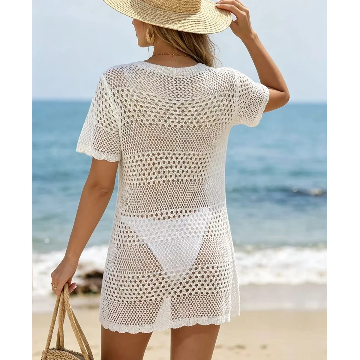 Plain Casual Style V Neck Hollow Out Top, Summer Beach Vacation Short Sleeve Knit Cover-Up, Perfect for Relaxing Days